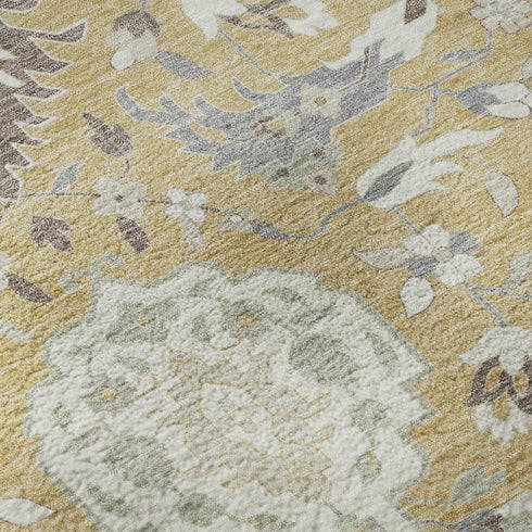 8' Gold Gray And Ivory Damask Washable Round Rug With UV Protection