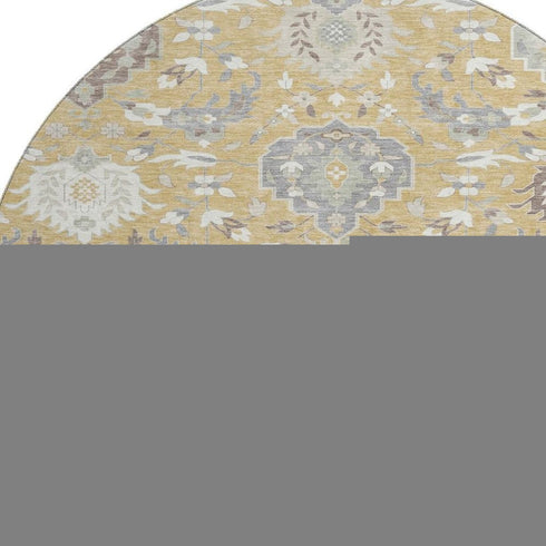 8' Gold Gray And Ivory Damask Washable Round Rug With UV Protection
