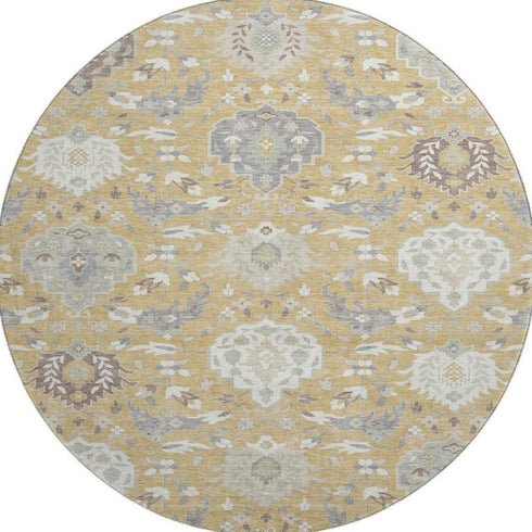 8' Gold Gray And Ivory Damask Washable Round Rug With UV Protection