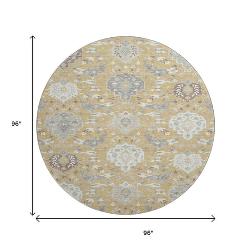 8' Gold Gray And Ivory Damask Washable Round Rug With UV Protection