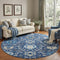 8' Navy Blue Ivory And Charcoal Damask Washable Round Rug With UV Protection