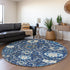 8' Navy Blue Ivory And Charcoal Damask Washable Round Rug With UV Protection