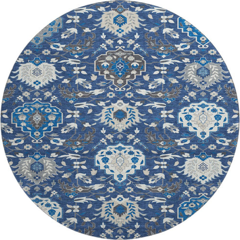 8' Navy Blue Ivory And Charcoal Damask Washable Round Rug With UV Protection