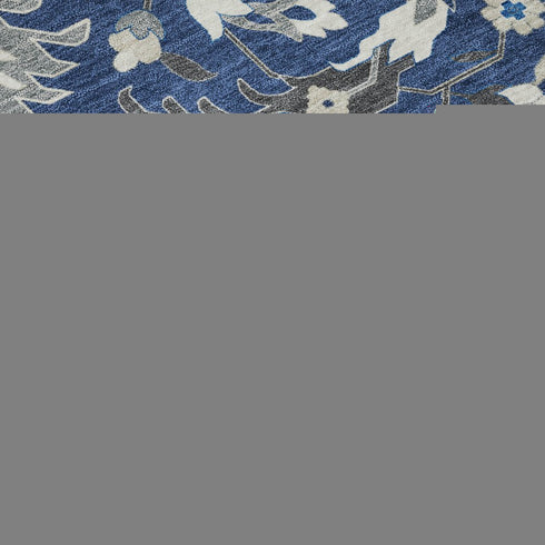 8' Navy Blue Ivory And Charcoal Damask Washable Round Rug With UV Protection