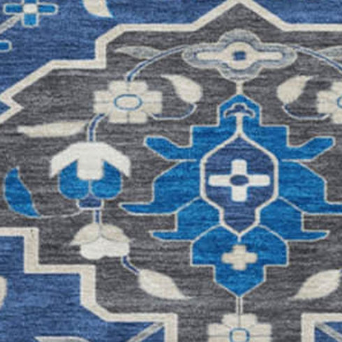 8' Navy Blue Ivory And Charcoal Damask Washable Round Rug With UV Protection