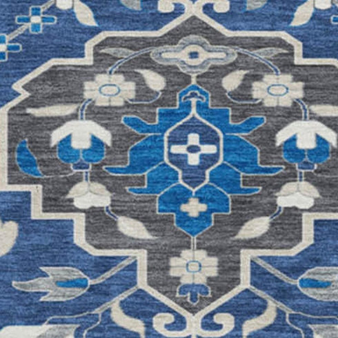 8' Navy Blue Ivory And Charcoal Damask Washable Round Rug With UV Protection