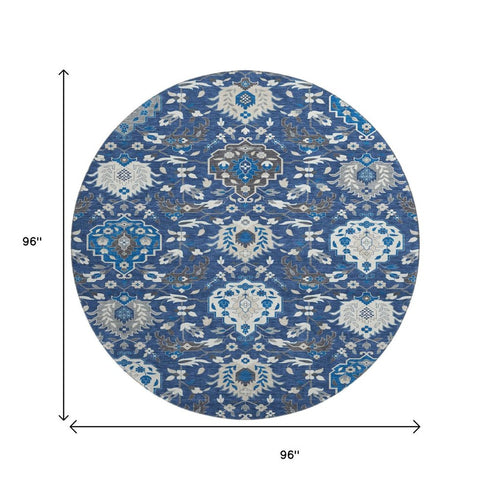 8' Navy Blue Ivory And Charcoal Damask Washable Round Rug With UV Protection