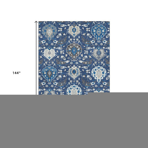 9' X 12' Navy Blue Ivory And Charcoal Damask Washable Area Rug With UV Protection