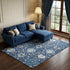 9' X 12' Navy Blue Ivory And Charcoal Damask Washable Area Rug With UV Protection