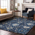 9' X 12' Navy Blue Ivory And Charcoal Damask Washable Area Rug With UV Protection