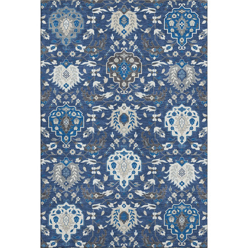 9' X 12' Navy Blue Ivory And Charcoal Damask Washable Area Rug With UV Protection