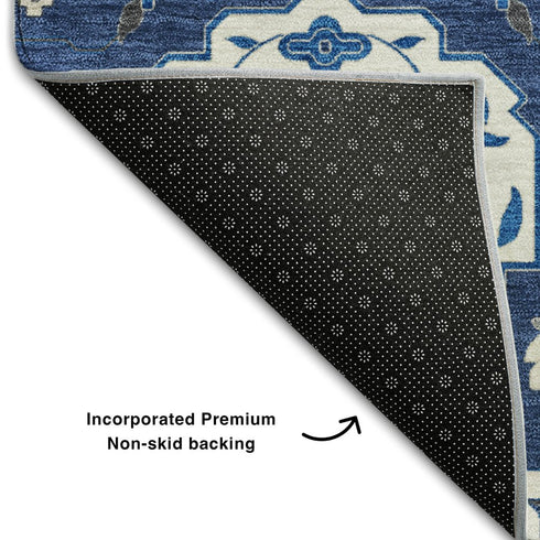9' X 12' Navy Blue Ivory And Charcoal Damask Washable Area Rug With UV Protection