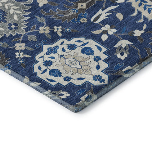 9' X 12' Navy Blue Ivory And Charcoal Damask Washable Area Rug With UV Protection