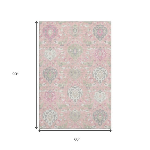 5' X 8' Pink Gray And Ivory Damask Washable Area Rug With UV Protection