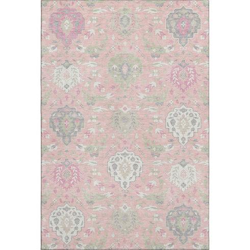 5' X 8' Pink Gray And Ivory Damask Washable Area Rug With UV Protection