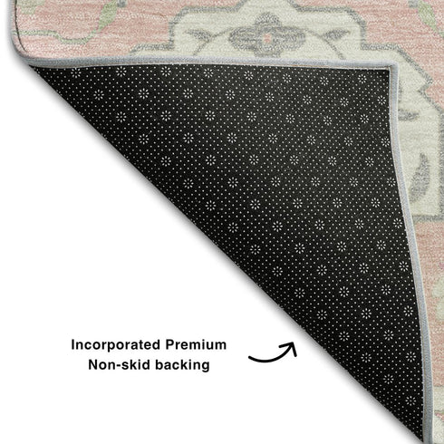 5' X 8' Pink Gray And Ivory Damask Washable Area Rug With UV Protection