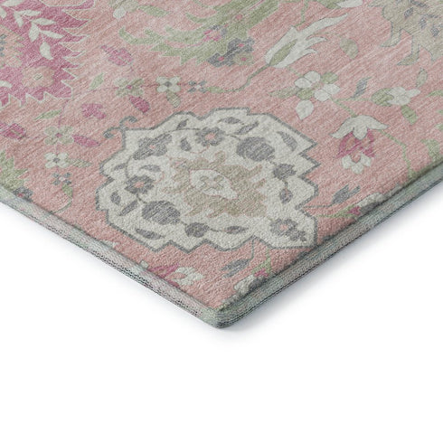 5' X 8' Pink Gray And Ivory Damask Washable Area Rug With UV Protection