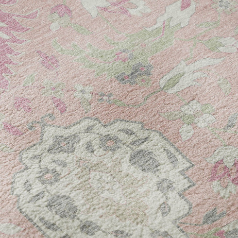 5' X 8' Pink Gray And Ivory Damask Washable Area Rug With UV Protection