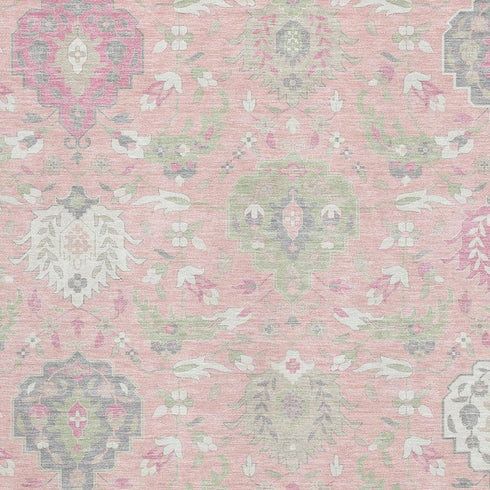 5' X 8' Pink Gray And Ivory Damask Washable Area Rug With UV Protection