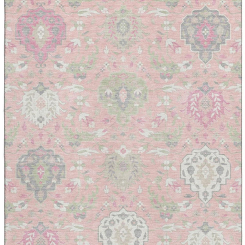 5' X 8' Pink Gray And Ivory Damask Washable Area Rug With UV Protection