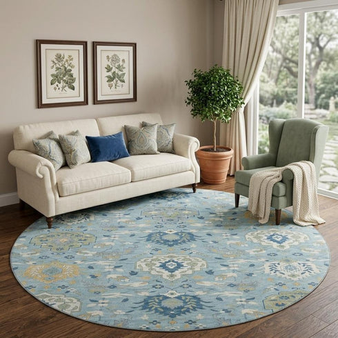 8' Sky Blue Gold And Gray Damask Washable Round Rug With UV Protection
