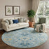 8' Sky Blue Gold And Gray Damask Washable Round Rug With UV Protection