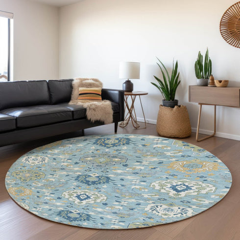 8' Sky Blue Gold And Gray Damask Washable Round Rug With UV Protection