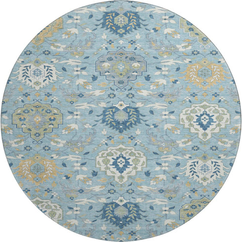 8' Sky Blue Gold And Gray Damask Washable Round Rug With UV Protection