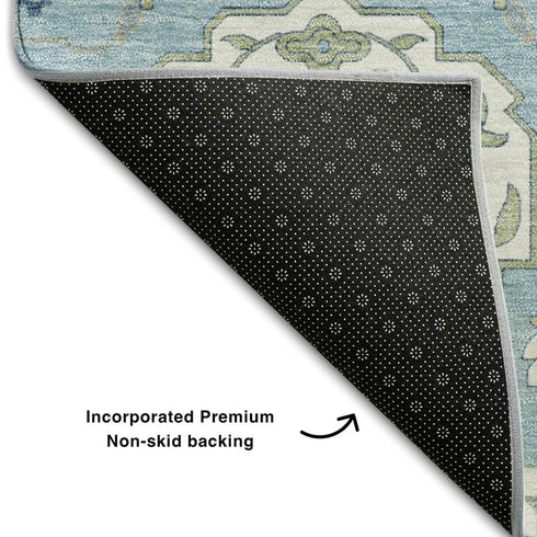 8' Sky Blue Gold And Gray Damask Washable Round Rug With UV Protection