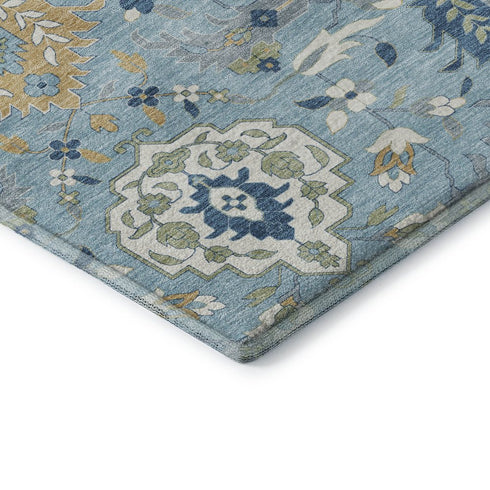 8' Sky Blue Gold And Gray Damask Washable Round Rug With UV Protection