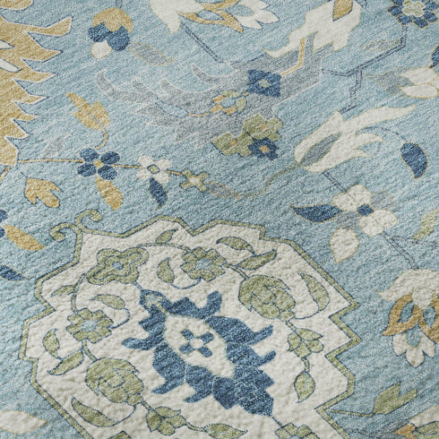 8' Sky Blue Gold And Gray Damask Washable Round Rug With UV Protection
