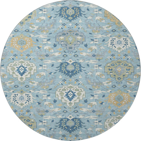 8' Sky Blue Gold And Gray Damask Washable Round Rug With UV Protection