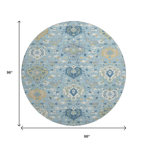 8' Sky Blue Gold And Gray Damask Washable Round Rug With UV Protection