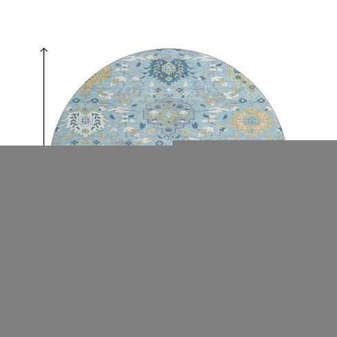 8' Sky Blue Gold And Gray Damask Washable Round Rug With UV Protection