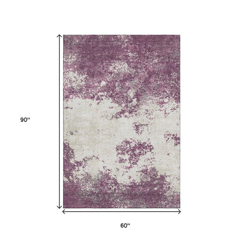5' X 8' Eggplant And Ivory Abstract Washable Area Rug With UV Protection