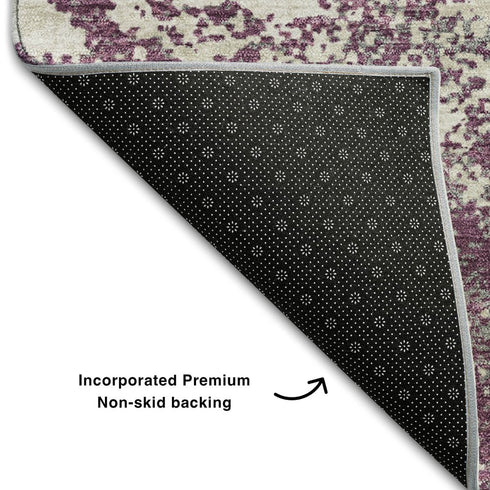 8' Eggplant And Ivory Abstract Washable Round Rug With UV Protection