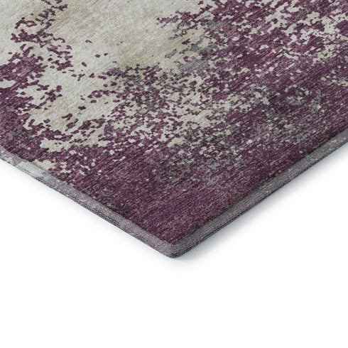 8' Eggplant And Ivory Abstract Washable Round Rug With UV Protection