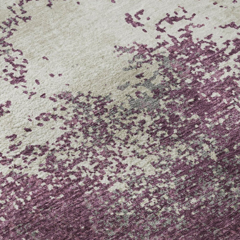 8' Eggplant And Ivory Abstract Washable Round Rug With UV Protection