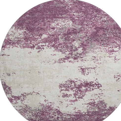 8' Eggplant And Ivory Abstract Washable Round Rug With UV Protection