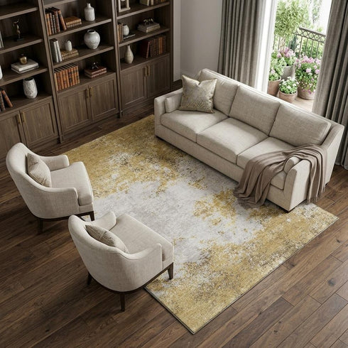 8' X 10' Gold And Beige Abstract Washable Area Rug With UV Protection
