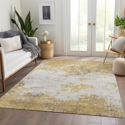 8' X 10' Gold And Beige Abstract Washable Area Rug With UV Protection