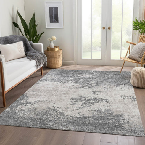 8' X 10' Gray And Silver Abstract Washable Area Rug With UV Protection