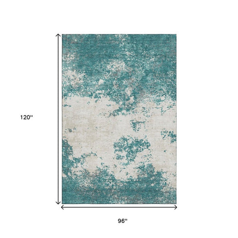 8' X 10' Teal And Ivory Abstract Washable Area Rug With UV Protection
