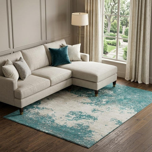 8' X 10' Teal And Ivory Abstract Washable Area Rug With UV Protection