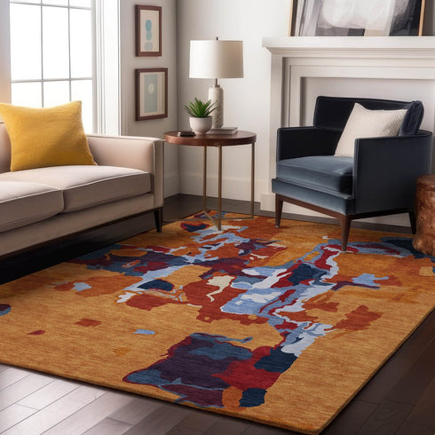 8' X 10' Copper Blue And Orange Abstract Washable Area Rug With UV Protection