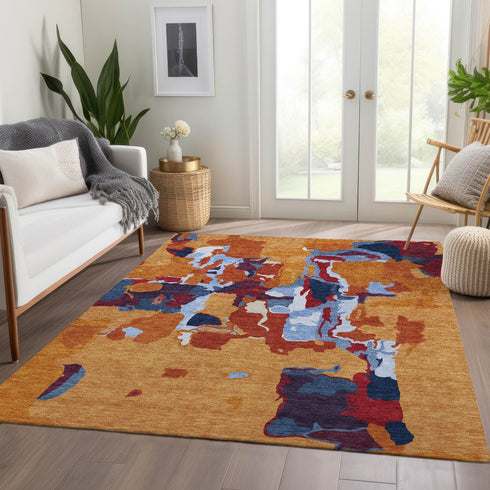 8' X 10' Copper Blue And Orange Abstract Washable Area Rug With UV Protection