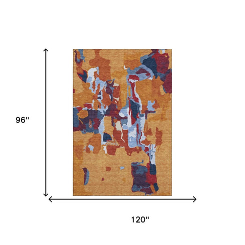 8' X 10' Copper Blue And Orange Abstract Washable Area Rug With UV Protection