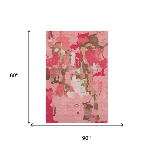 5' X 8' Coral Pink And Ivory Abstract Washable Area Rug With UV Protection