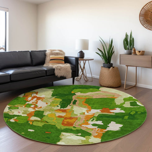 8' Green Copper And Orange Abstract Washable Round Rug With UV Protection