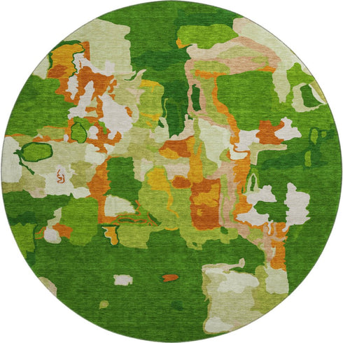 8' Green Copper And Orange Abstract Washable Round Rug With UV Protection